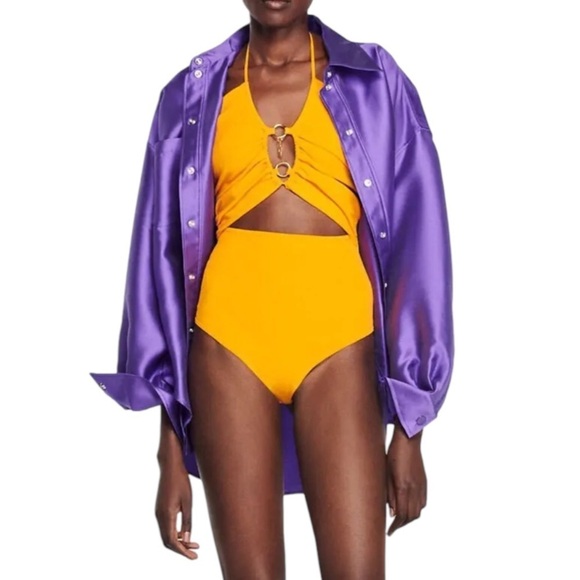 NWT Sandro Bodysuit Assiya Ring Halter Open Back in Marigold - Picture 2 of 16